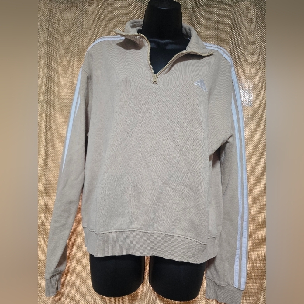 Adidas Tan Zip Up Sweater with Ribbed Cuffs
